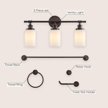Egan 23.25" 3-Light Classic Cottage Vanity Light with Frosted Glass Shades and Bathroom Hardware Accessory Set - JONATHAN Y